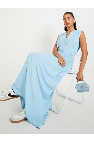 Solid V Neck Button Detail A-Line Maxi Dress