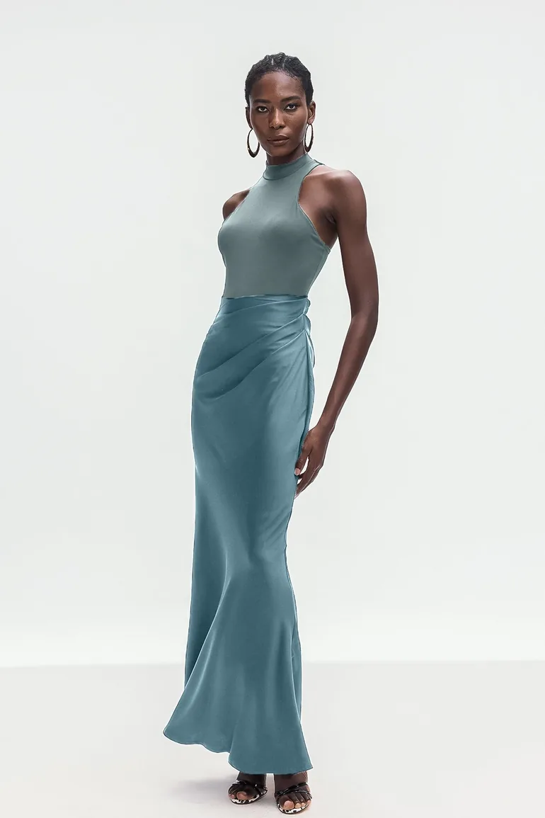 sustainable women's tank dress evening wear Beres Tank Top Satin Maxi Dress In Green Innovare Denim