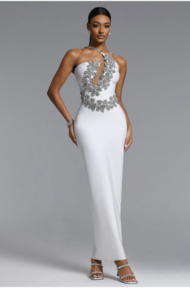 Veronic Glamorous Contour Halter Cut Out Rhinestone Floral Bandage Maxi Dress