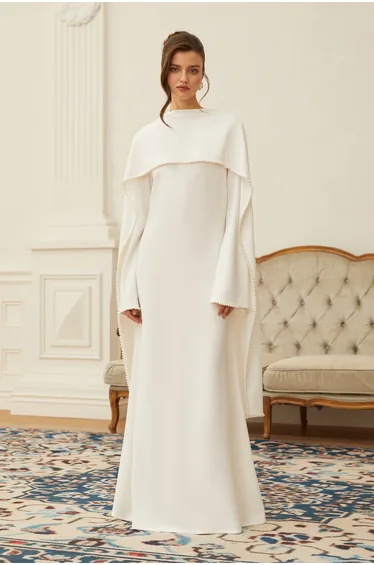 Piroska White Pearl Trim Shawl Detail Maxi Dress