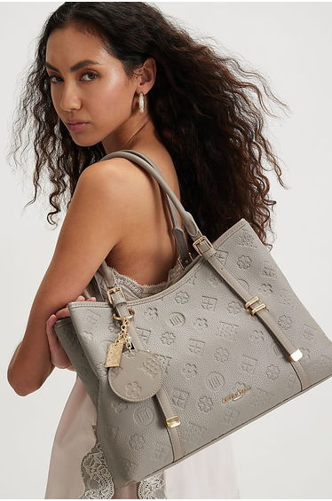 Grey Embossed Monogram Charm Tote Bag