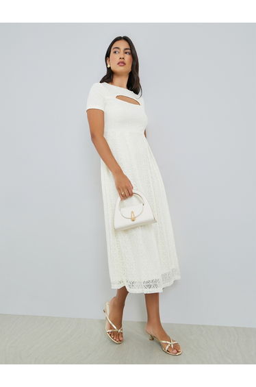 White Lace Overlay Cut-Out Midi Dress