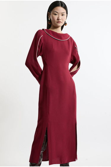 Soft Tailored Tipping Cowl Detail Sleeved Midi Dress
