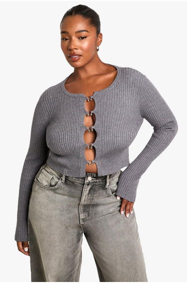 Plus Hook Detail Rib Cardigan