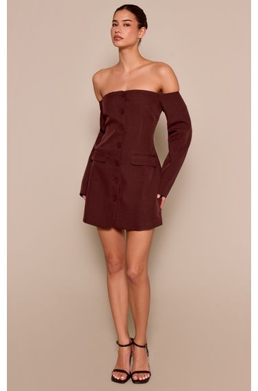 Chocolate Tailored Woven Bardot Button Down Shift Dress