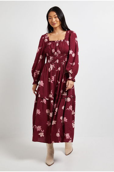Petite Berry Floral Square Neck Blouson Sleeve Tiered Maxi Dress