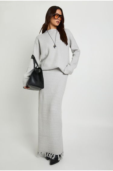 Tall Tassel Hem Detail Oversized Jumper and Knitted Skirt Co-Ord - grey