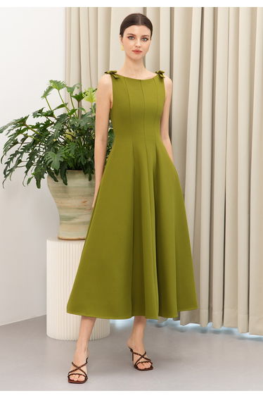 Lovely Bowknot Sleeveless Paneled Flare Midi Dress in Lime for Cocktail Parties & Afternoon Tea