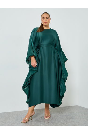 Plus Size Green Ruffled Sleeve Kaftan Maxi Dress