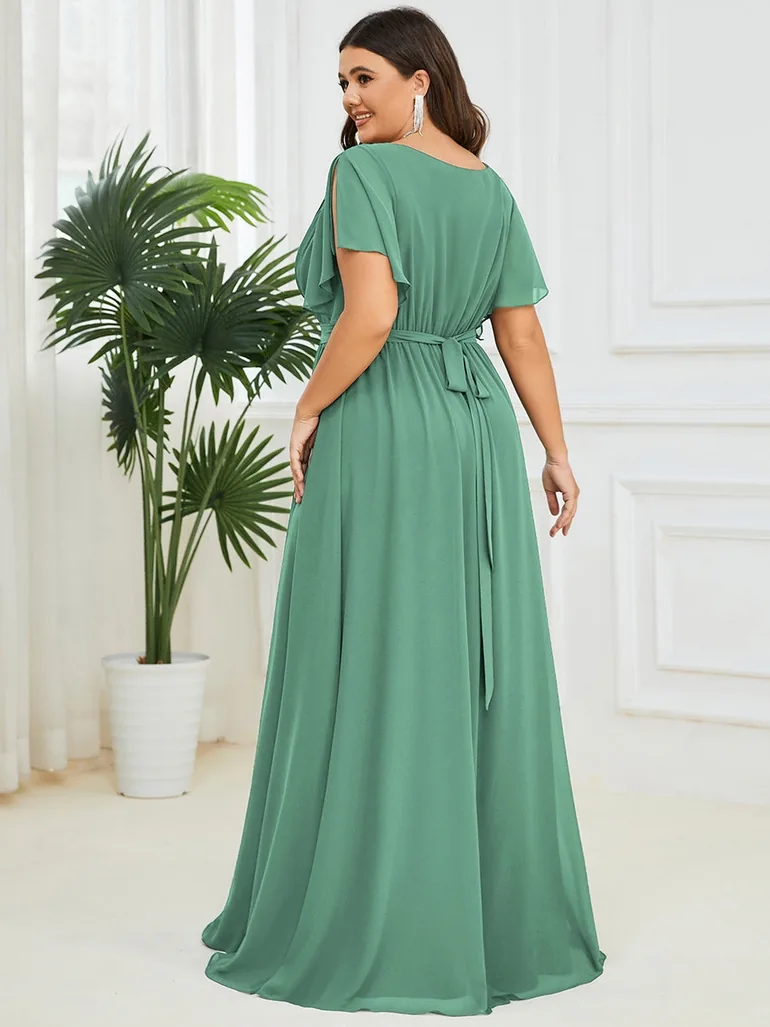 pretty LEORA|Plus Size Chiffon Tie-Waist Evening Dress - 6