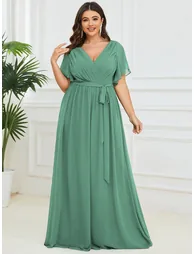 pretty LEORA|Plus Size Chiffon Tie-Waist Evening Dress - 5
