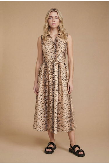 Animal Button Through Collared Printed Midi Dress