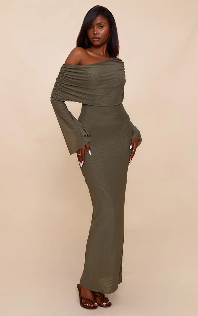 knee length dresses for ladies Tamara V-Neckline Ruched Long Sleeve Lace Mesh Dress Olive