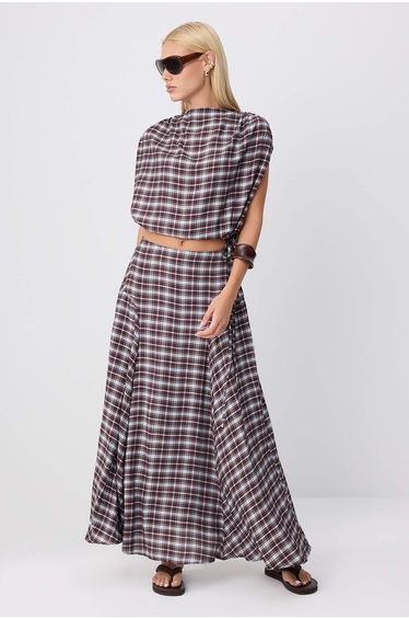 Plaid Blouse Skirt Woven Bottom - Top Set
