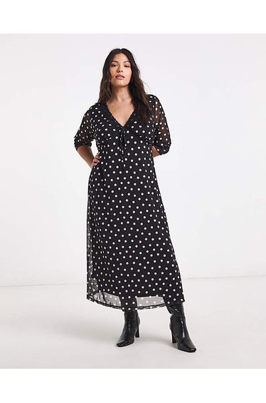 Mesh Lace Trim Midi Dress