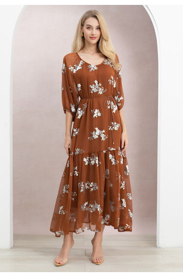 Sequin Floral Elbow Sleeve Chiffon Dress in Rust for Wedding Guests & Romantic Date Nights