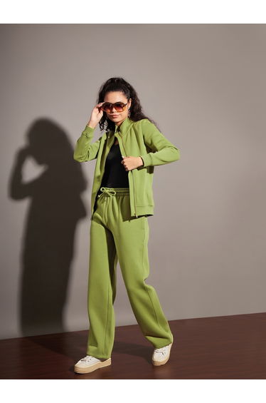 Women Olive Solid Fleece Drawstring Joggers
