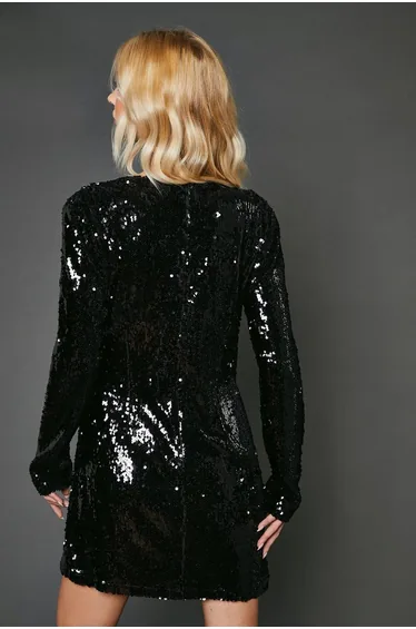 Black Sequin Long Sleeve Ruched Wrap Mini Dress