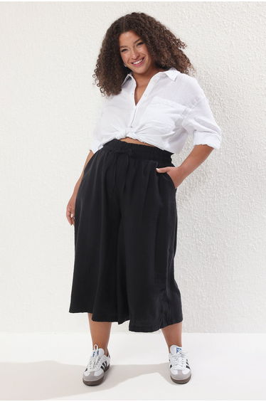 Black Summer Wide Leg Woven Plus Size Trousers