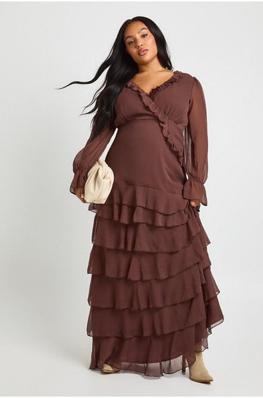 Plus Chiffon Ruched Waist Skater Dress - chocolate