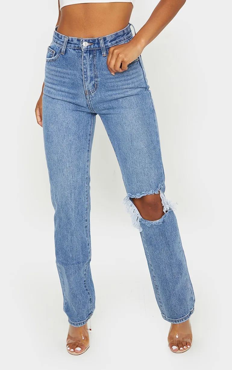 Light Blue Wash Open Knee Long Leg Straight Leg Jeans - 1