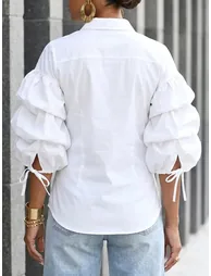 Loose Puff Sleeves Buttoned Solid Color Tied Lapel Blouses&Shirts Tops - 3