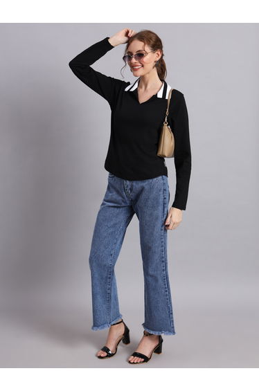 Women Black Cotton Polo T-Shirt