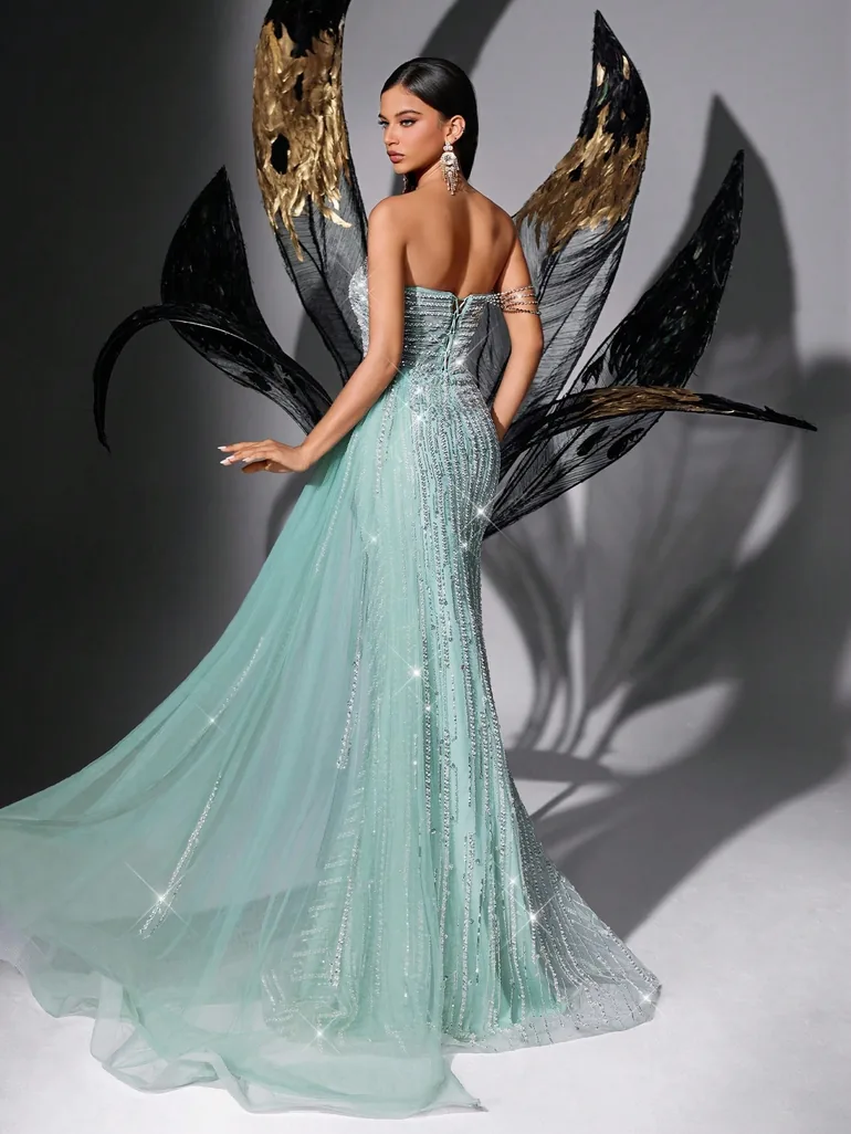 QOQ Blue Sequin Strapless Mermaid Evening Dress - 5