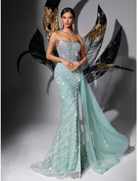 QOQ Blue Sequin Strapless Mermaid Evening Dress - 3