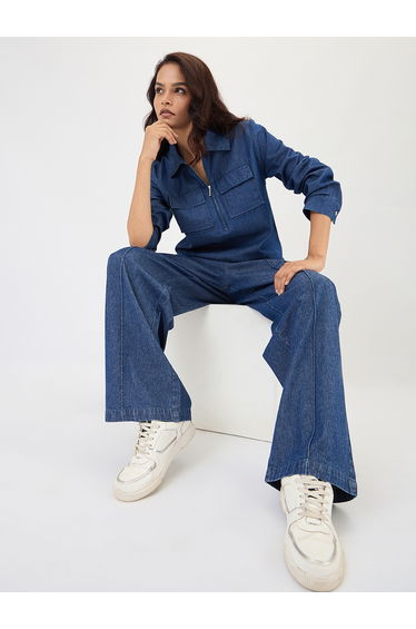 Navy Denim Wide Leg Cargo Trousers