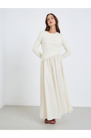 Women Beige Long Sleeve Ruching Detail Maxi Dress