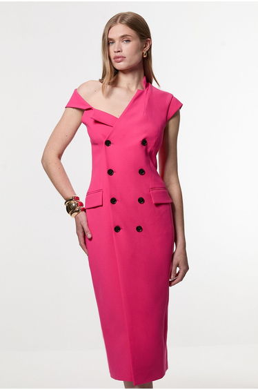 Compact Stretch Asymmetric Collar Tailored Pencil Midaxi Dress