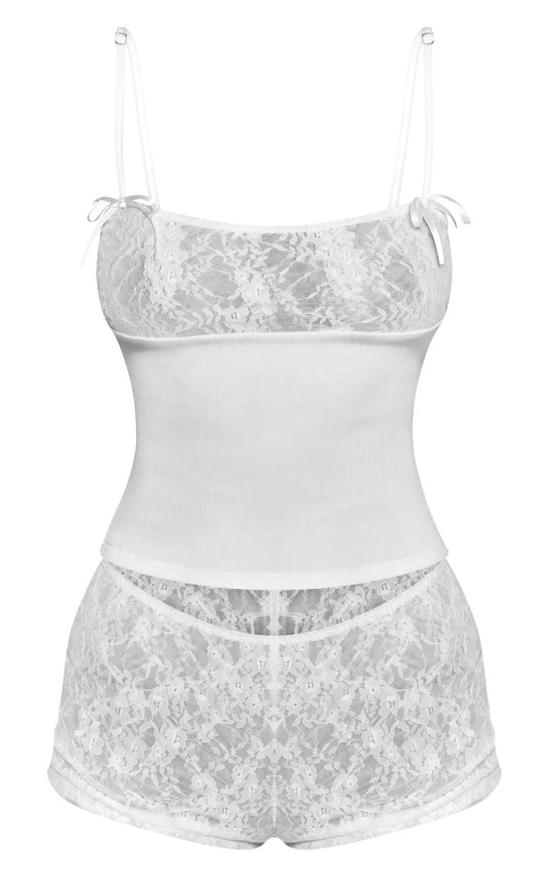Cream Lace Bust Bow Detail Fitted Pyjama Cami & Lace Shorts - 4