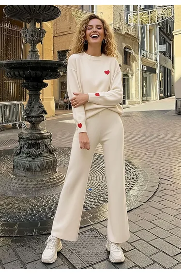 Comfy Heart Embroidery Knit Sweater and Pants Set in Cream