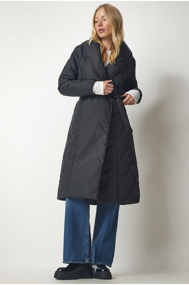 Women's Black Belted Shawl Collar Quilted Coat