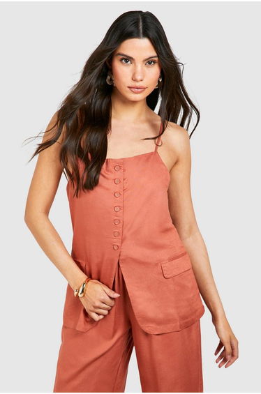 Linen Look Button Front Longline Waistcoat - terracotta