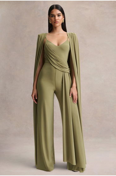 Labina | Green Plunge-Neck Jumpsuit With Cape-Sleeves