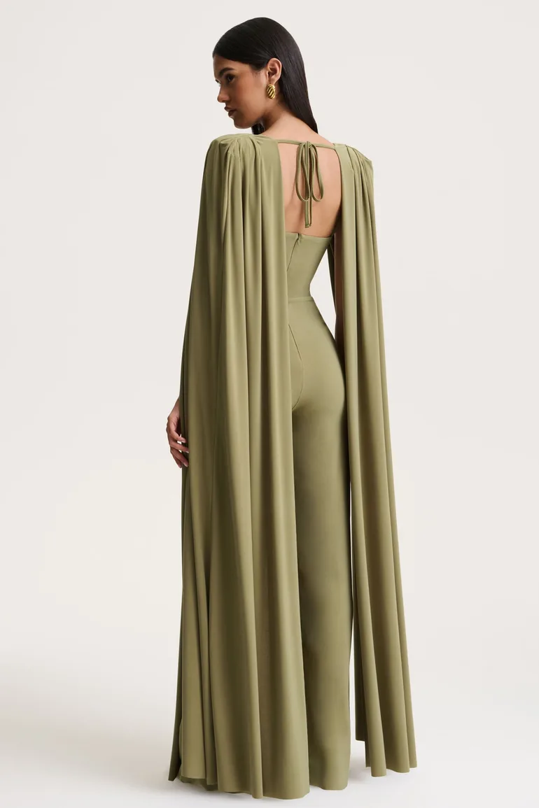 Labina | Green Plunge-Neck Jumpsuit With Cape-Sleeves - 2