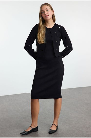 Black Midi Knit Stone Embroidered Dress-Cardigan Dress
