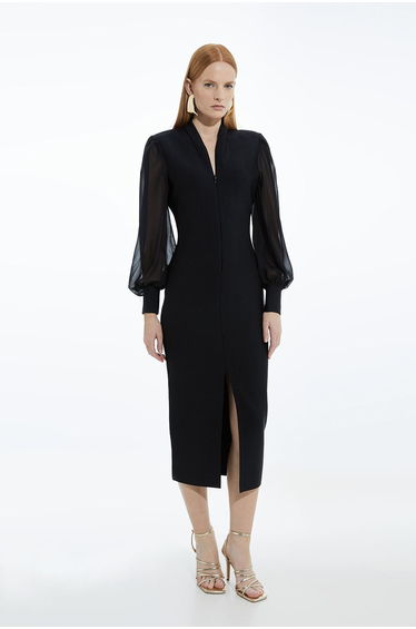 Bandage Figure Form Zip Detail Chiffon Sleeve Knit Dress