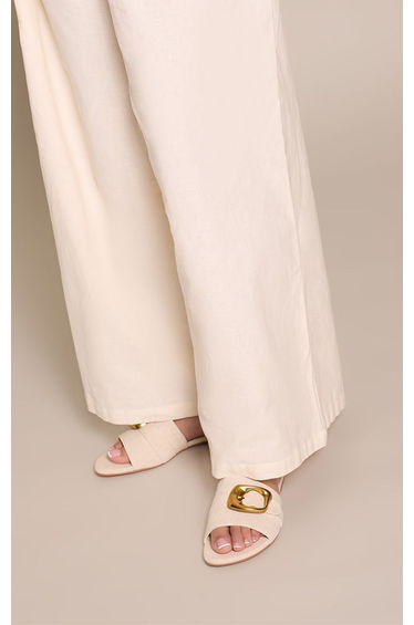 Cream Linen Buckle Detail Mule Sandals