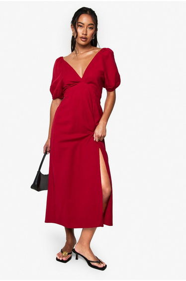 Linen Tie Back Puff Sleeve Midaxi Dress - red