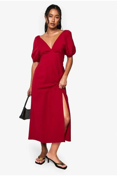 Linen Tie Back Puff Sleeve Midaxi Dress - red
