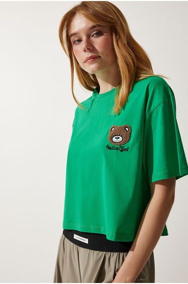Women's Green Teddy Bear Crest Crop Knitted T-Shirt