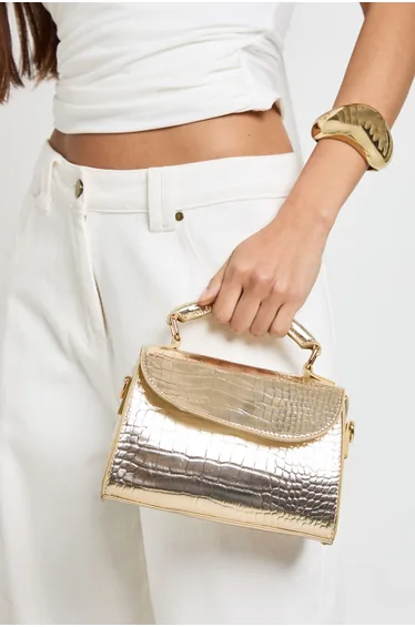 Croc Detail Mini Grab Bag With Detachable Cross Body Strap - gold