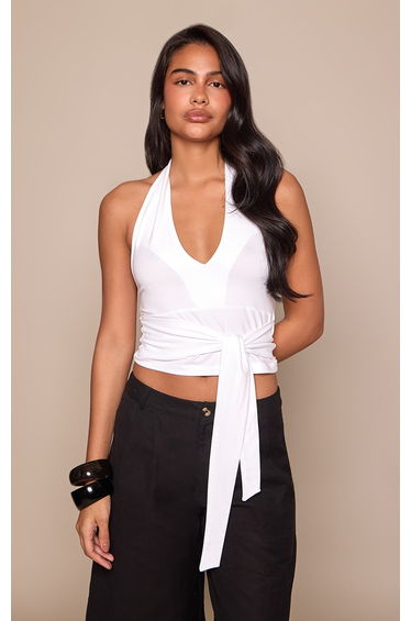 White Soft Cotton Halterneck Wrap Waist Detail Cami Top