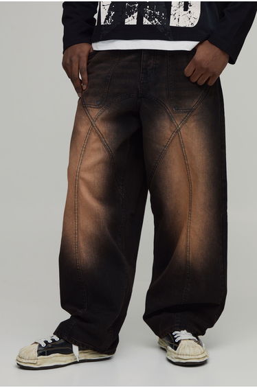 Super Baggy Panelled Washed Jeans - brown