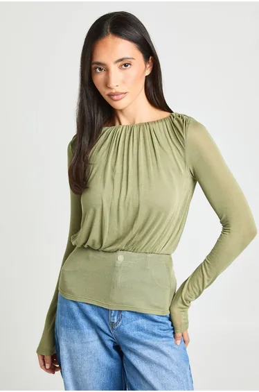 Sheer Knit Ruched Blouson Deep Hem Top - khaki