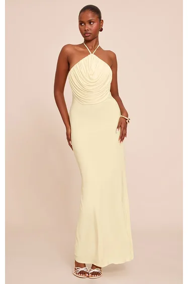 Lemon Slinky Halterneck Draped Detail Maxi Dress