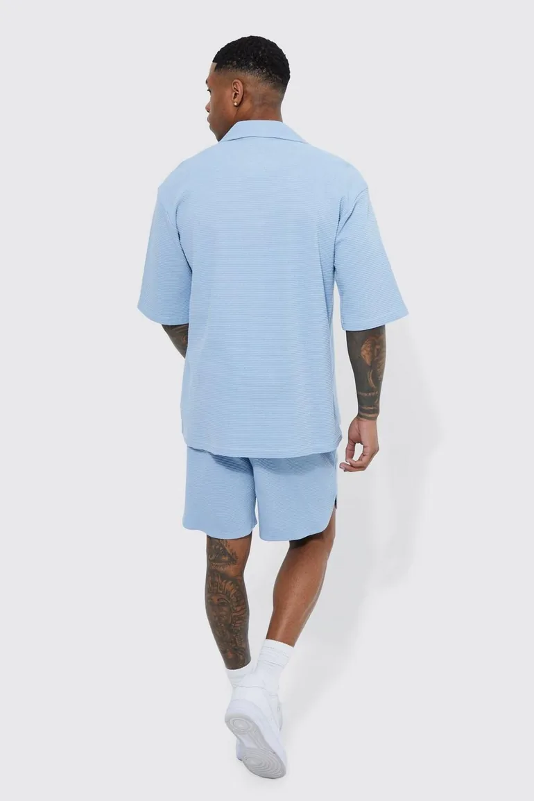 Double Knit Jersey Texture Short Sleeve Shirt And Short - pale blue - 1